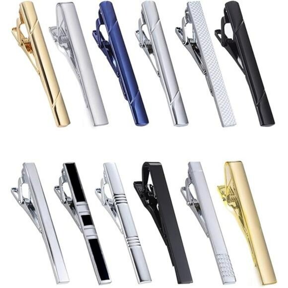 Mens Tie Clip Set 12 Pack Silver Gold Black Blue Necktie Bar for Suit Tie - Picture 8 of 8